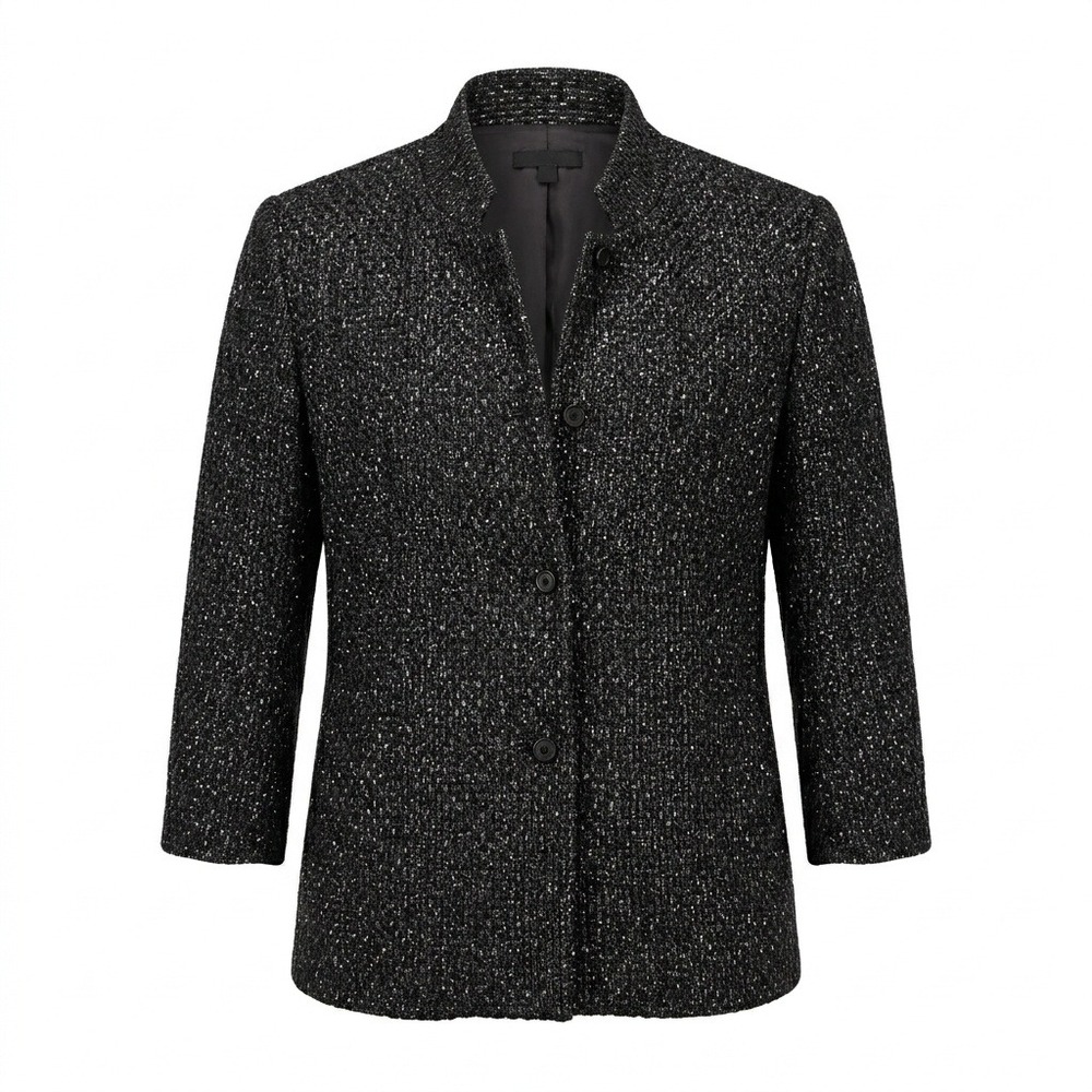 Eileen Fisher‎ Italian Wool Blend Tweed Jacket L Gray Stand Collar Button Blazer